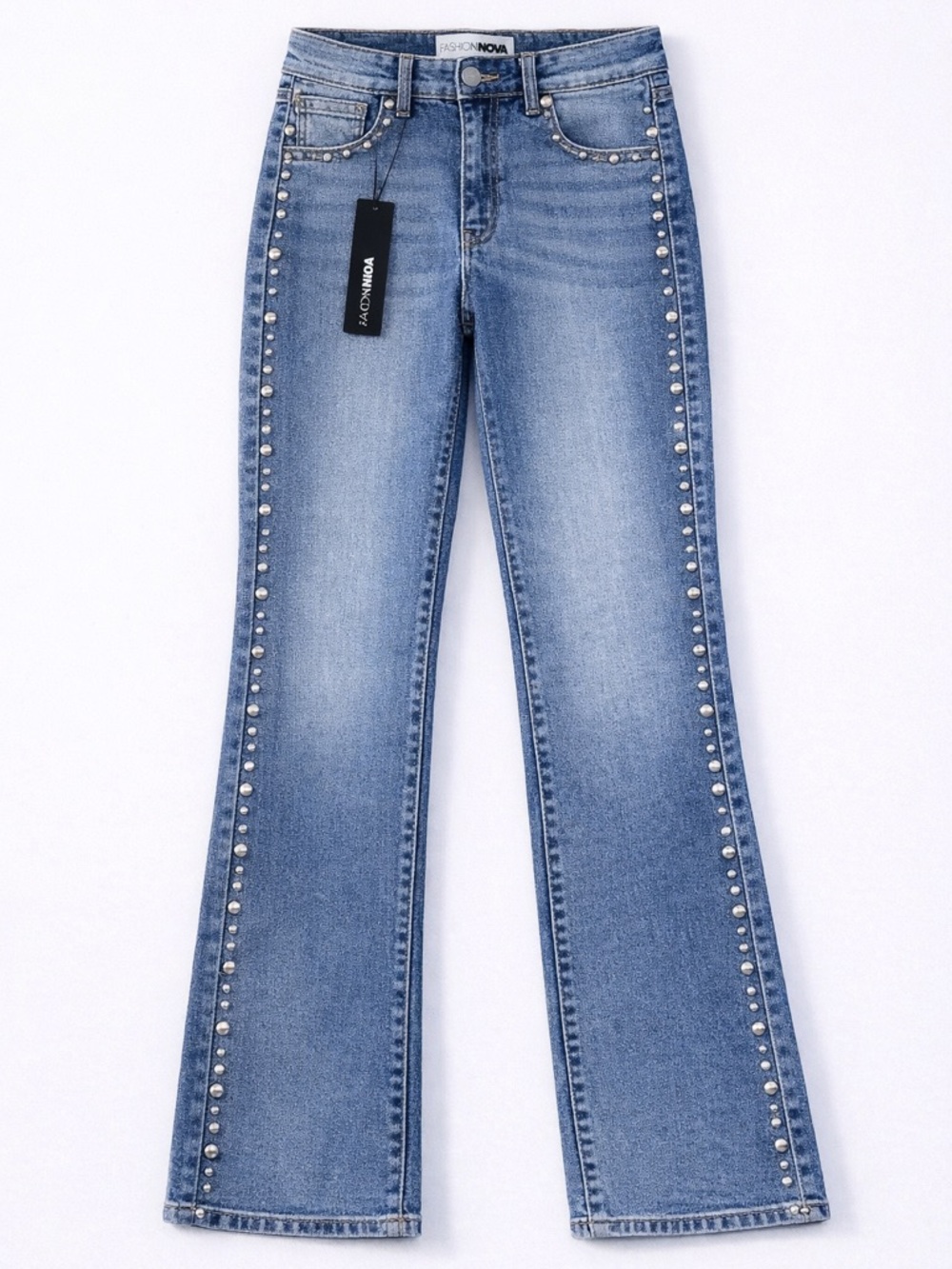 Fashion Nova Blue High-Rise Pearl-Trim Flare Jeans - Women